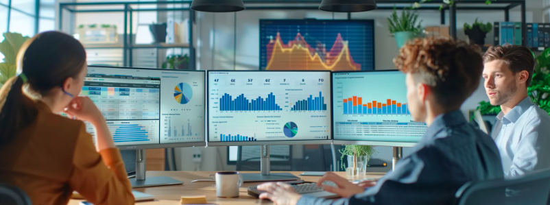 Three colleagues around a table with three monitors, collaborating on the impact of knowledge management on organizational success.
