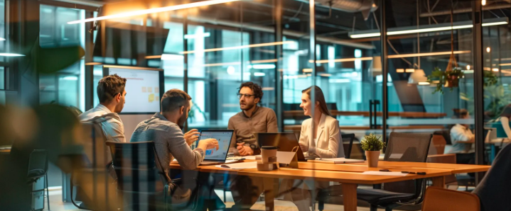 Office scene with business individuals around a table, actively discussing concepts related to knowledge management.